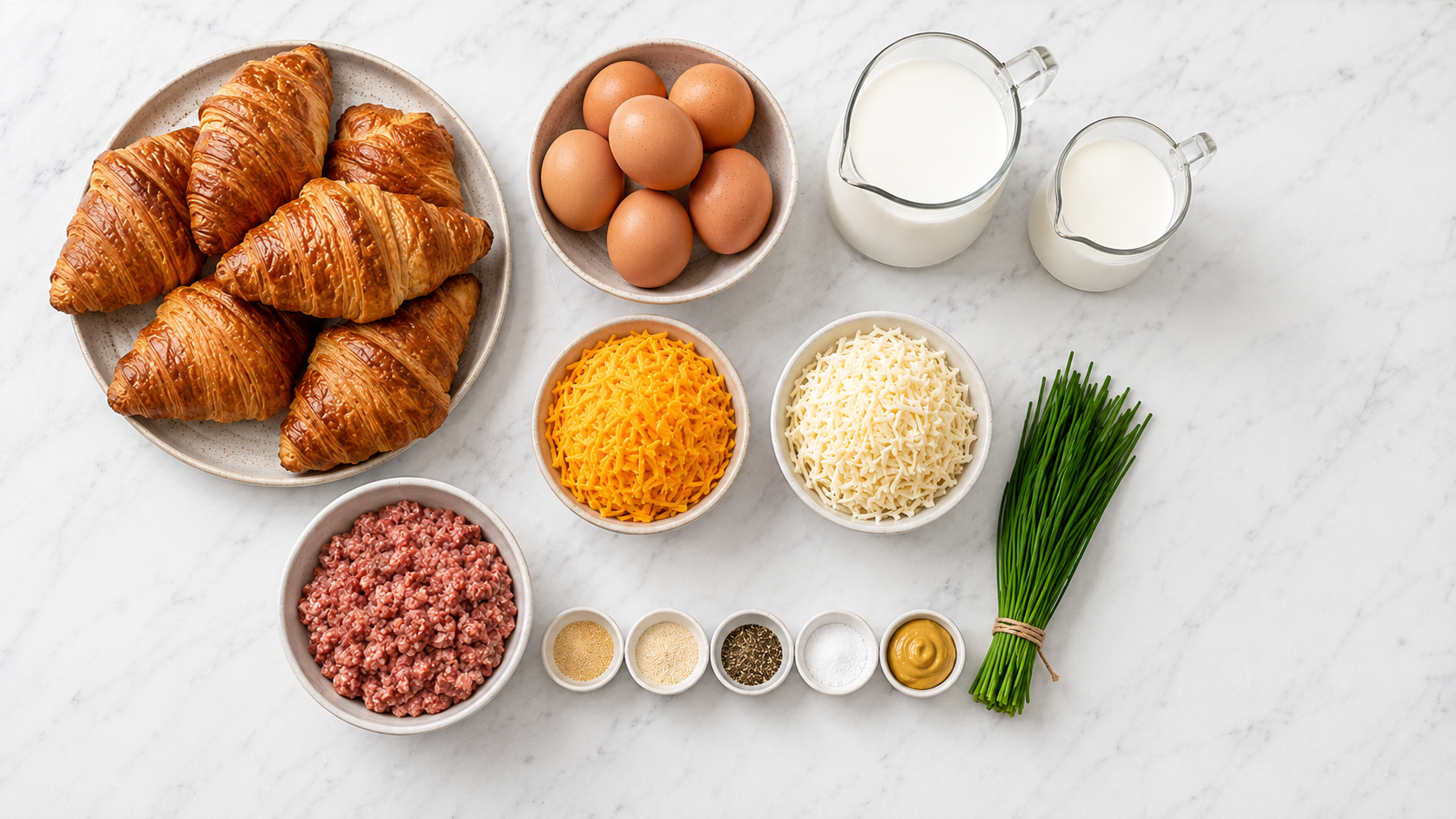 All croissant breakfast casserole ingredients laid out — croissants, eggs, sausage, cheese, milk and cream