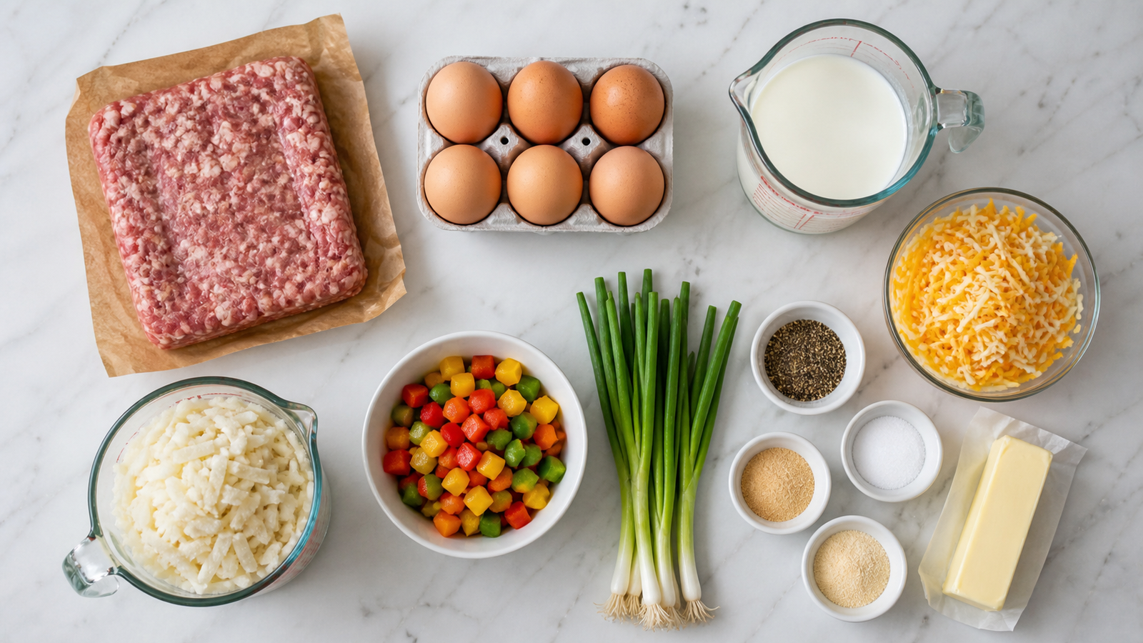 All breakfast casserole ingredients laid out: sausage, eggs, milk, hash browns, cheddar, mozzarella, bell pepper and seasonings