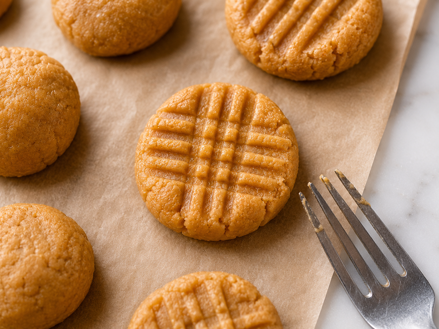 Fork pressing a classic crosshatch pattern into peanut butter cookie dough balls on the baking sheet