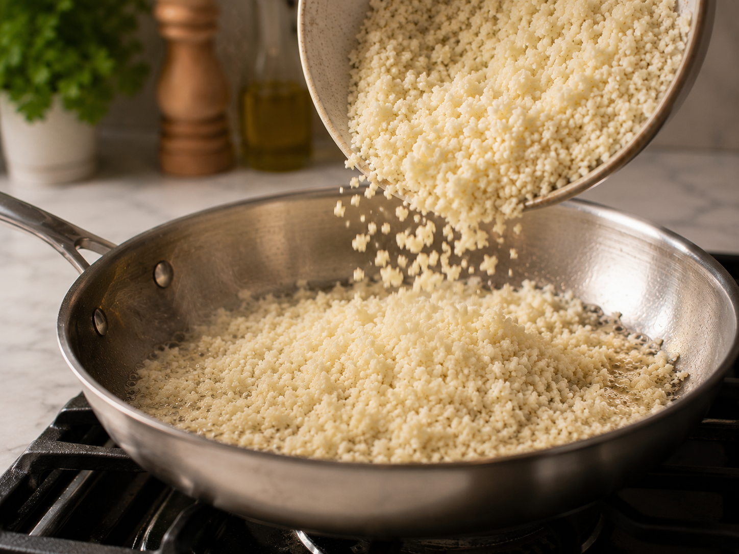 Riced cauliflower spread in an even layer in the garlic butter skillet — starting to turn golden