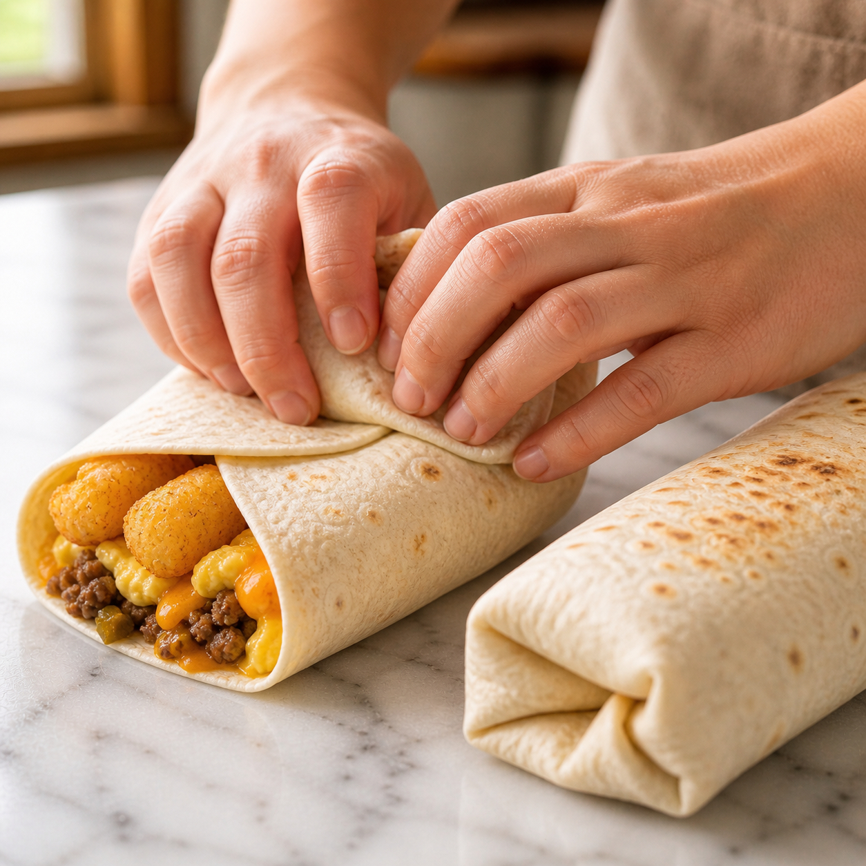 Burrito being rolled tightly and sealed seam-side down in a dry hot pan