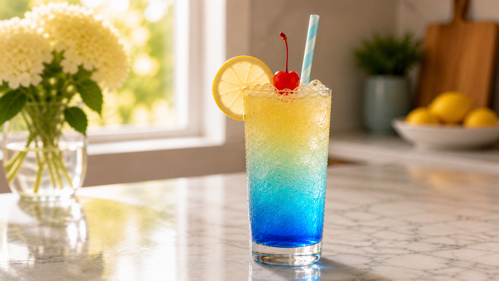 Blue Lagoon mocktail in a tall glass — vibrant blue layered drink with lemon slice and cherry garnish