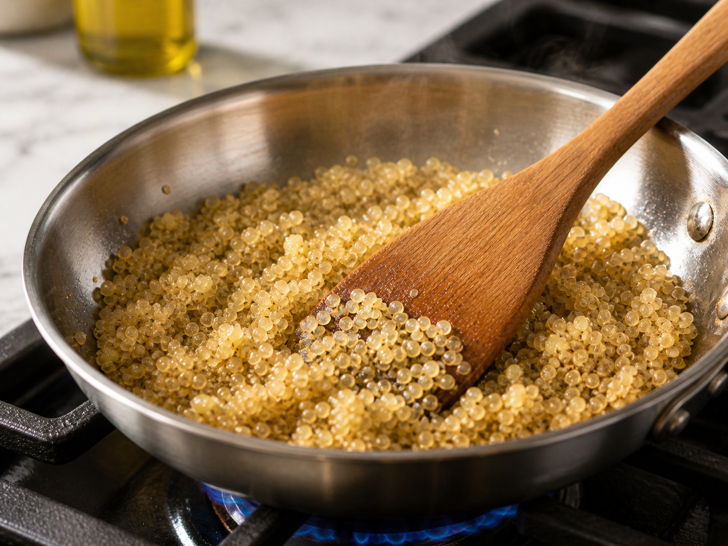 Cooked quinoa warming in a skillet with minced garlic and olive oil — fragrant and golden