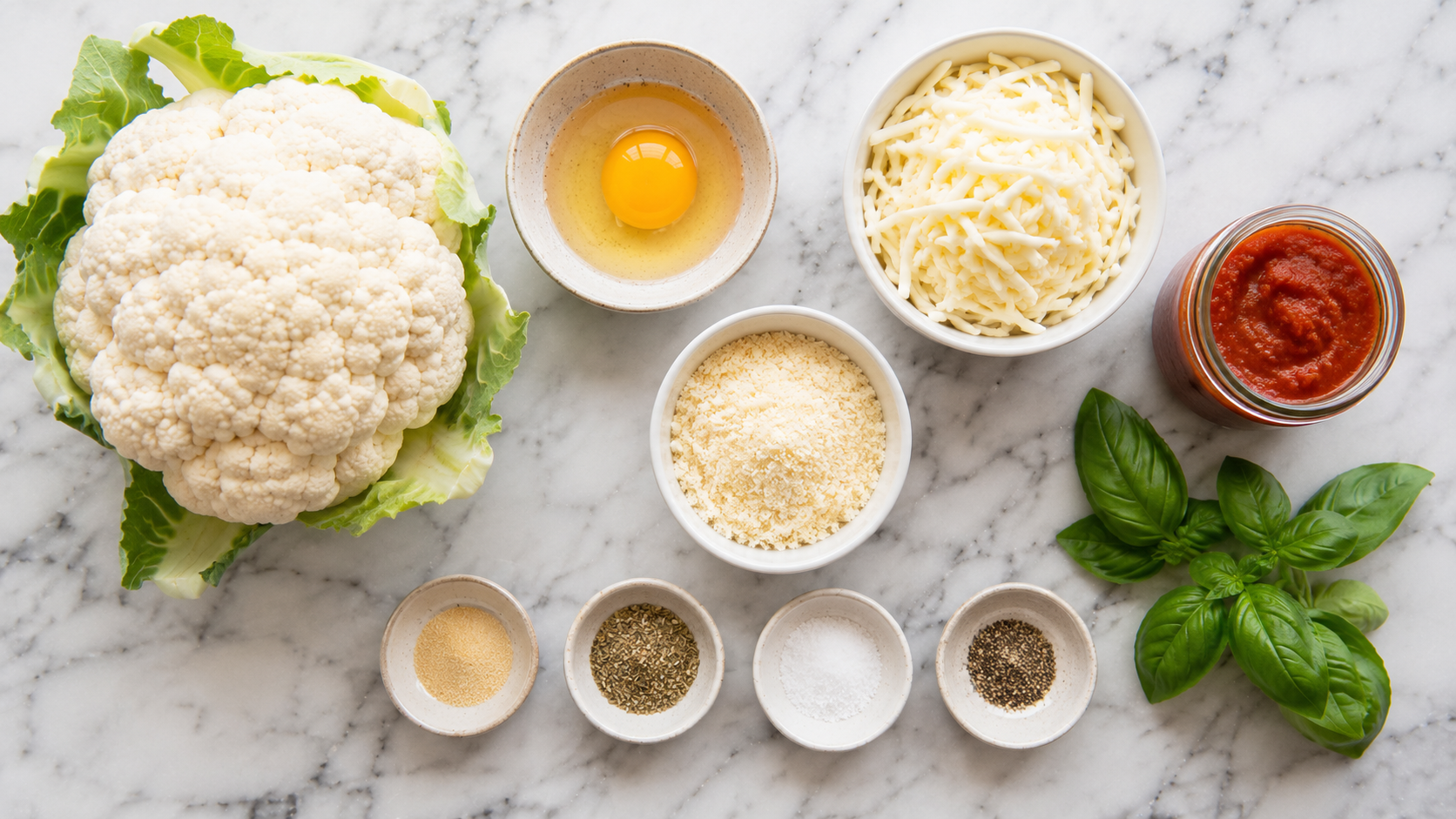 All cauliflower pizza crust ingredients laid out — cauliflower, egg, mozzarella, parmesan, garlic powder and Italian seasoning