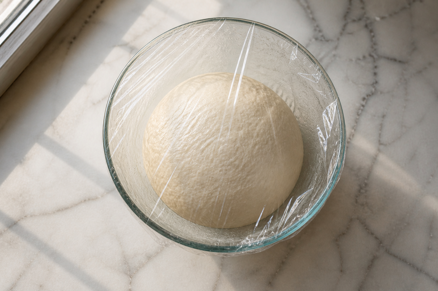 Dough ball in a greased bowl covered with a kitchen towel — risen to double its size