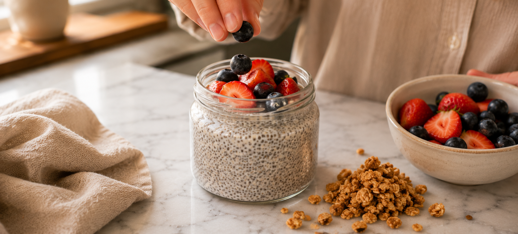Finished chia pudding topped with fresh berries, granola and a drizzle of nut butter &mdash; ready to eat