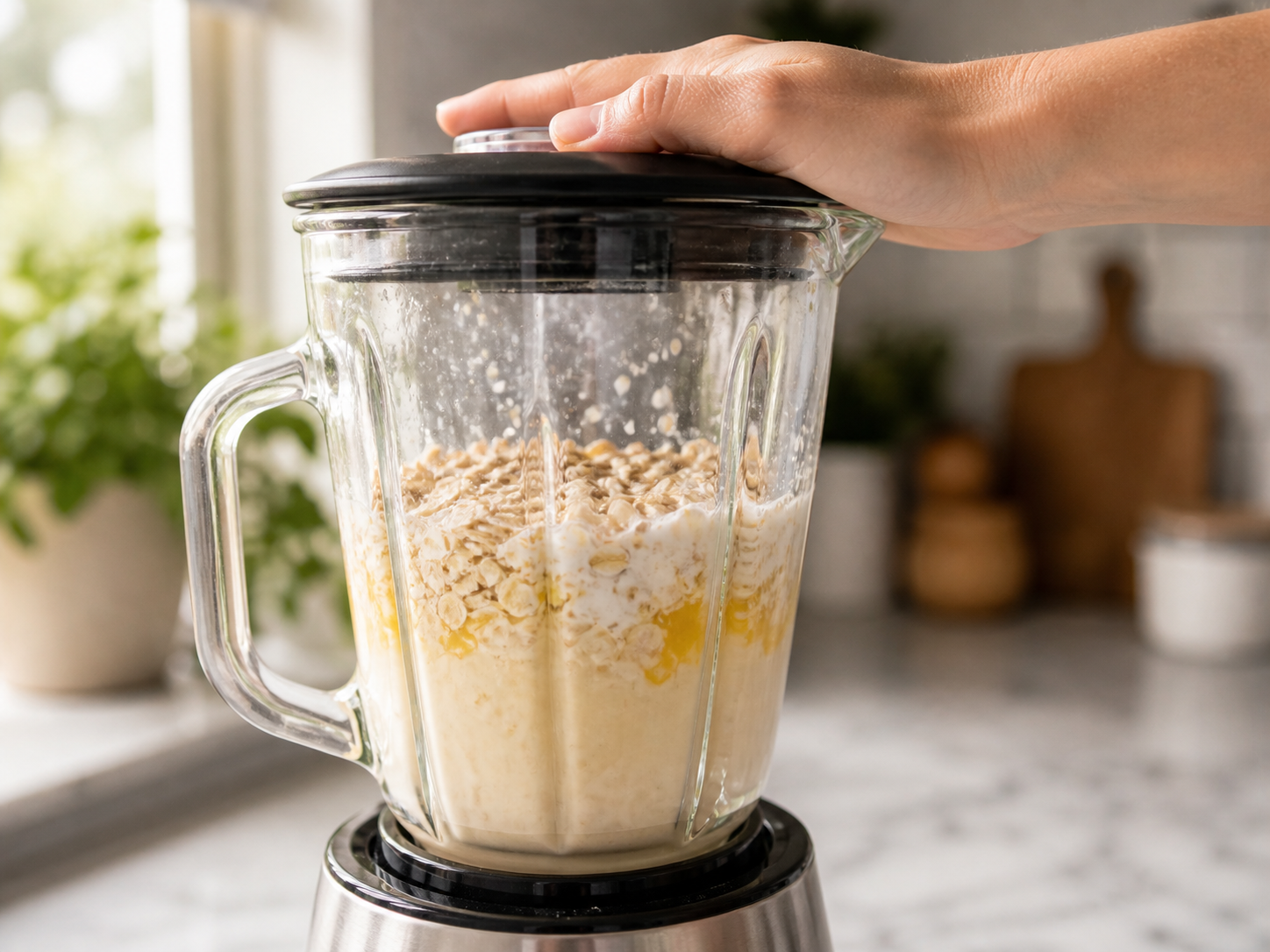 Cottage cheese, eggs and rolled oats blended smooth in a blender — thick, creamy batter ready to cook