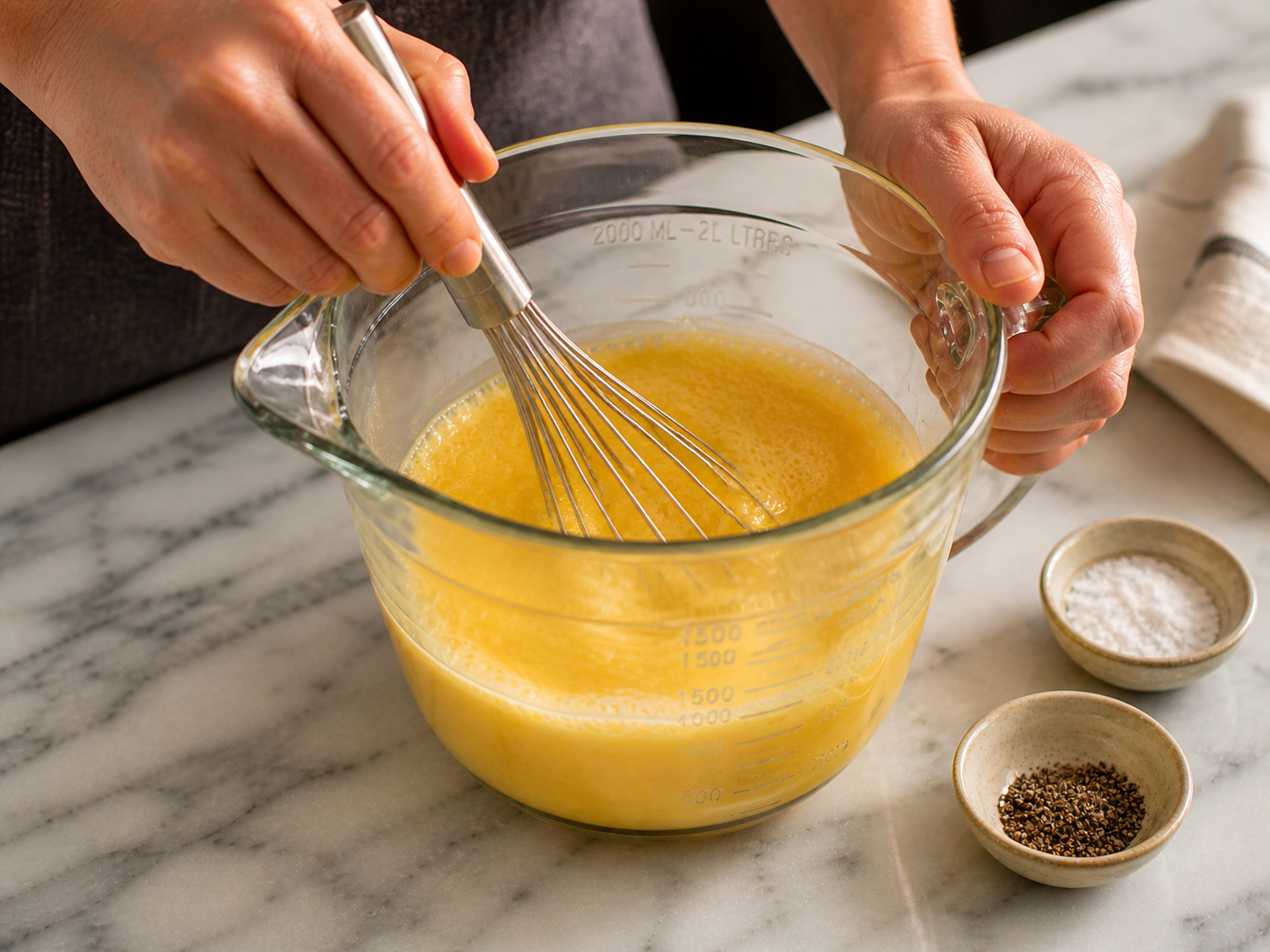 Eggs, milk and seasonings whisked together in a large measuring cup until smooth and slightly frothy