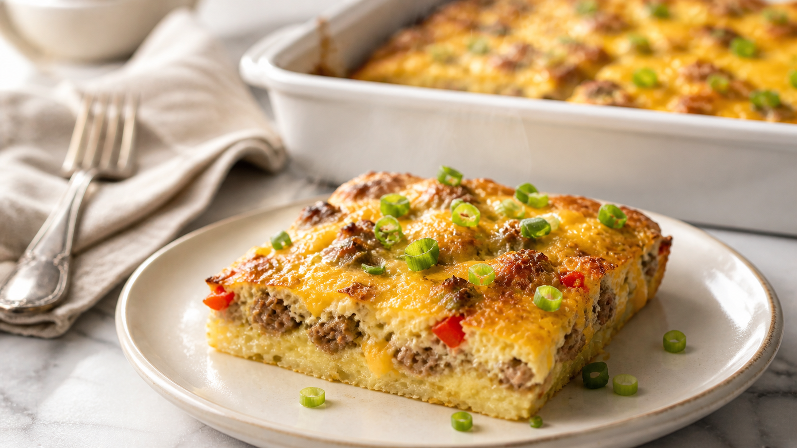 Finished breakfast casserole sliced and served — golden top, cheesy layers visible, topped with sliced green onions