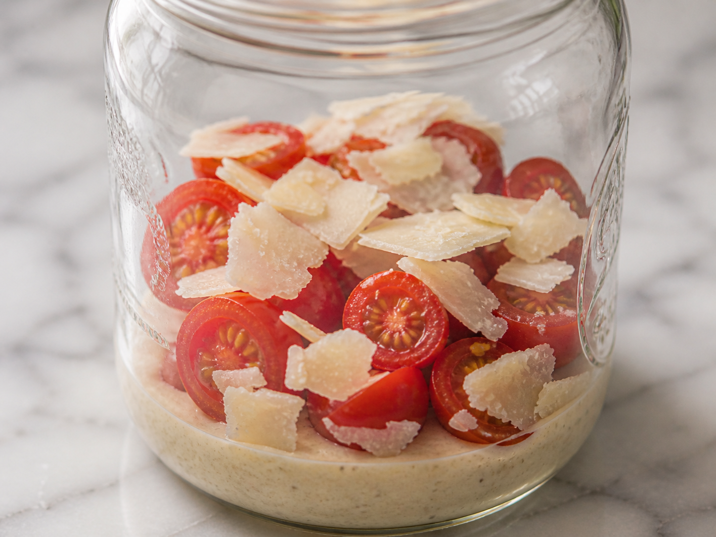 Cherry tomatoes and shaved Parmesan layered directly over the Caesar dressing in the jar
