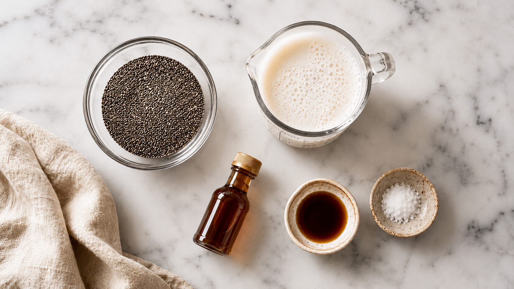All chia pudding ingredients laid out: chia seeds, oat milk, maple syrup, vanilla extract and a pinch of salt