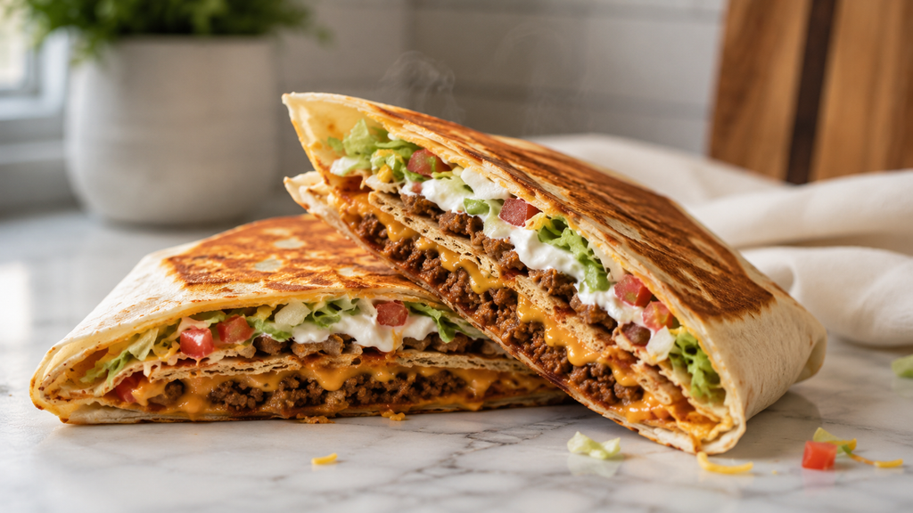 Homemade crunchwrap supreme sliced in half — golden toasted outside with layers of beef, tostada and toppings