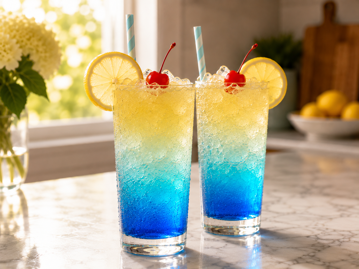 Finished Blue Lagoon mocktail garnished with a lemon slice on the rim and a maraschino cherry on top