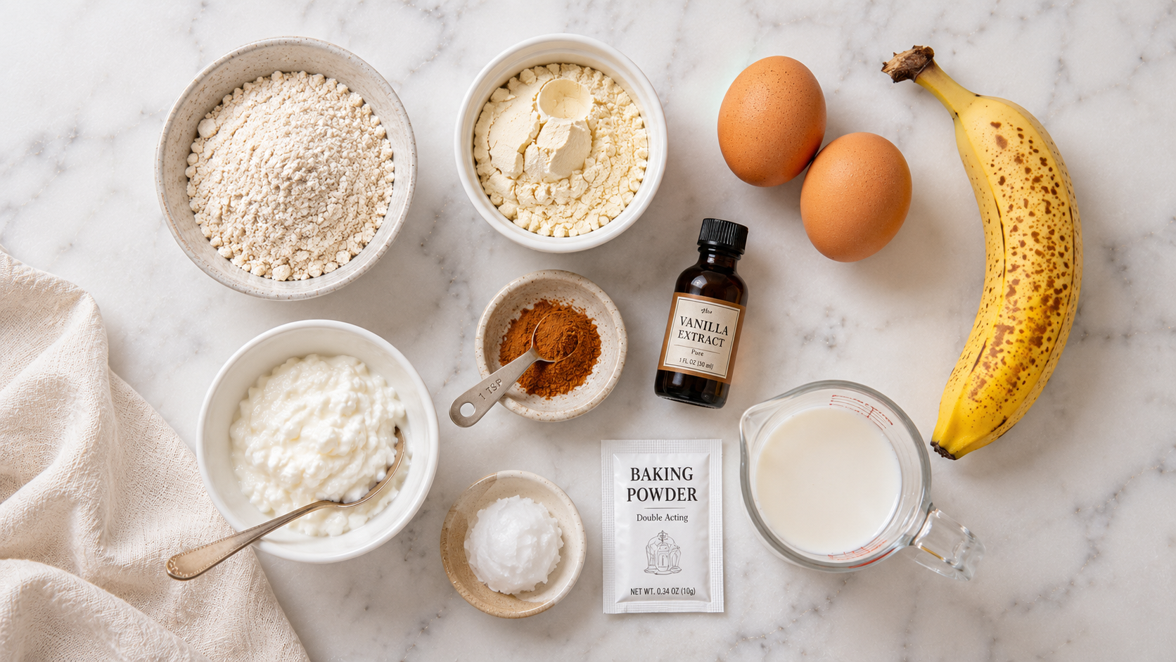 All protein pancake ingredients laid out — protein powder, rolled oats, eggs, banana, cottage cheese, baking powder and vanilla