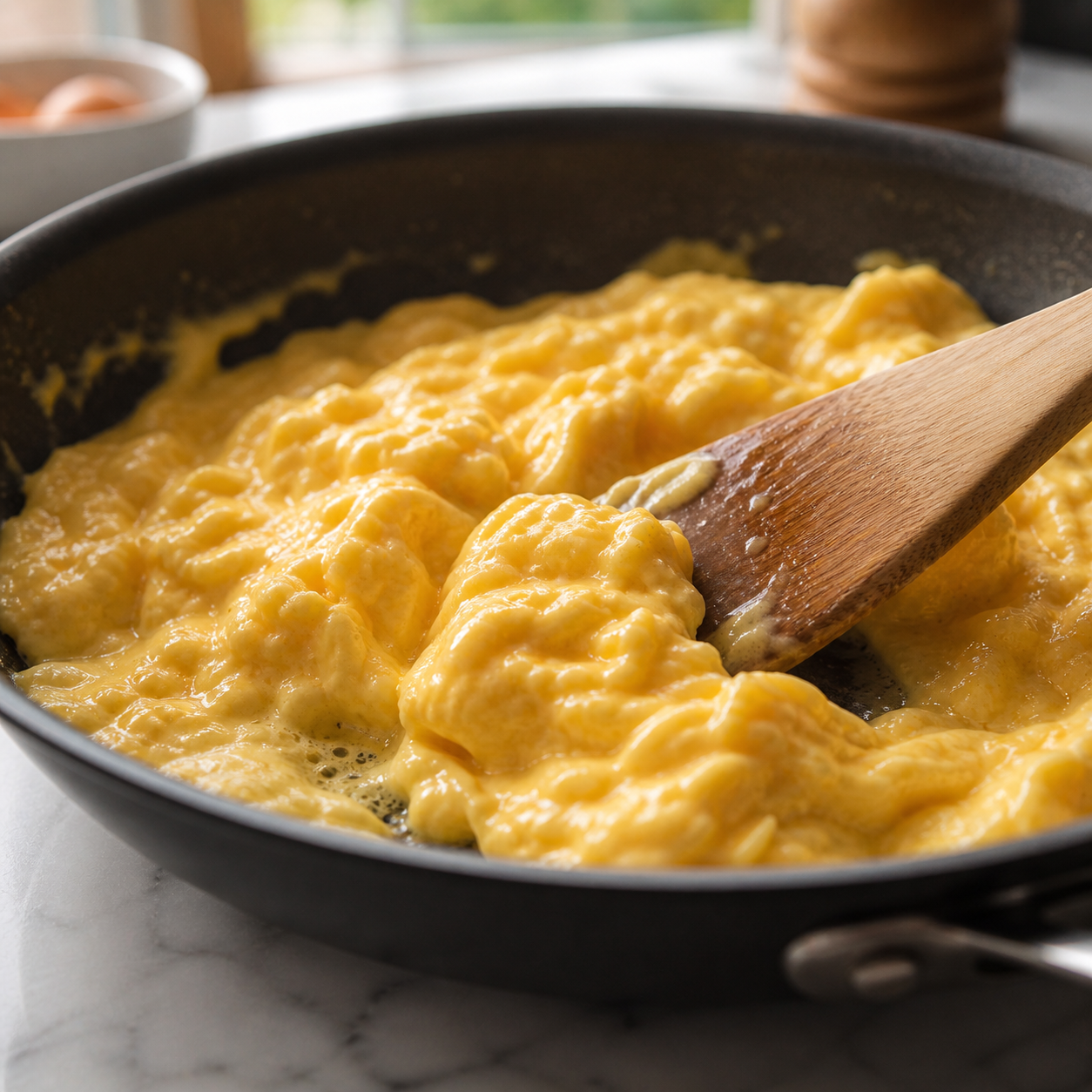 Eggs being scrambled gently in the skillet over medium-low heat — soft and just barely set