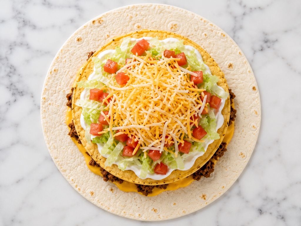 Tostada shell placed on the beef, topped with sour cream, lettuce, tomatoes and shredded cheese