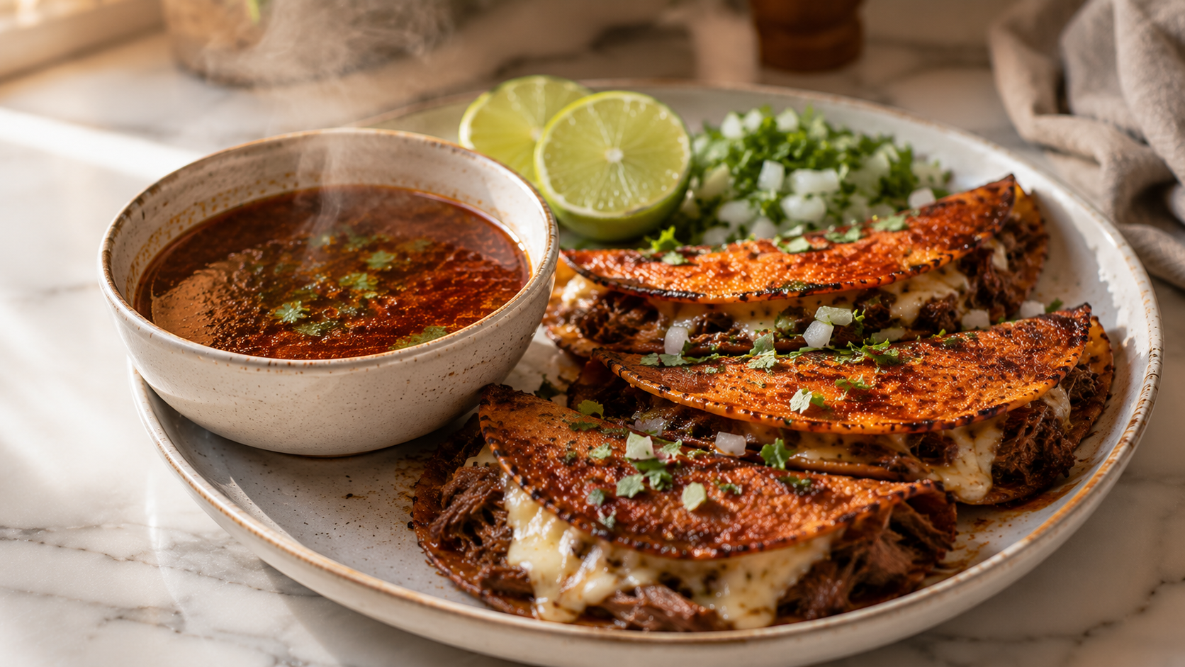 Quesabirria tacos crispy and golden on a board with konsome dipping broth alongside
