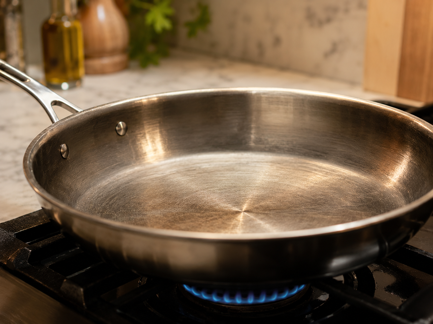 Large skillet heating up over medium-high heat — ready for the garlic butter