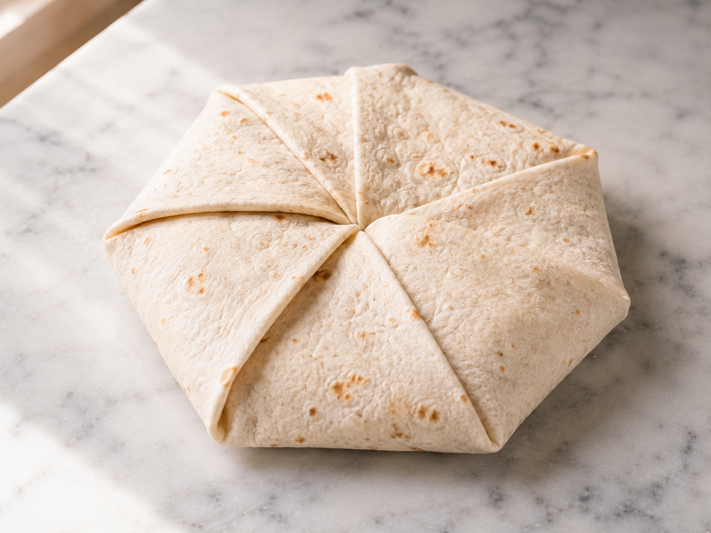 Large tortilla folded up around the filling with small pleats — sealed into a neat package
