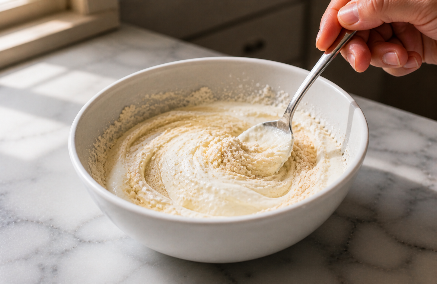 Protein powder being stirred into Greek yogurt until completely smooth