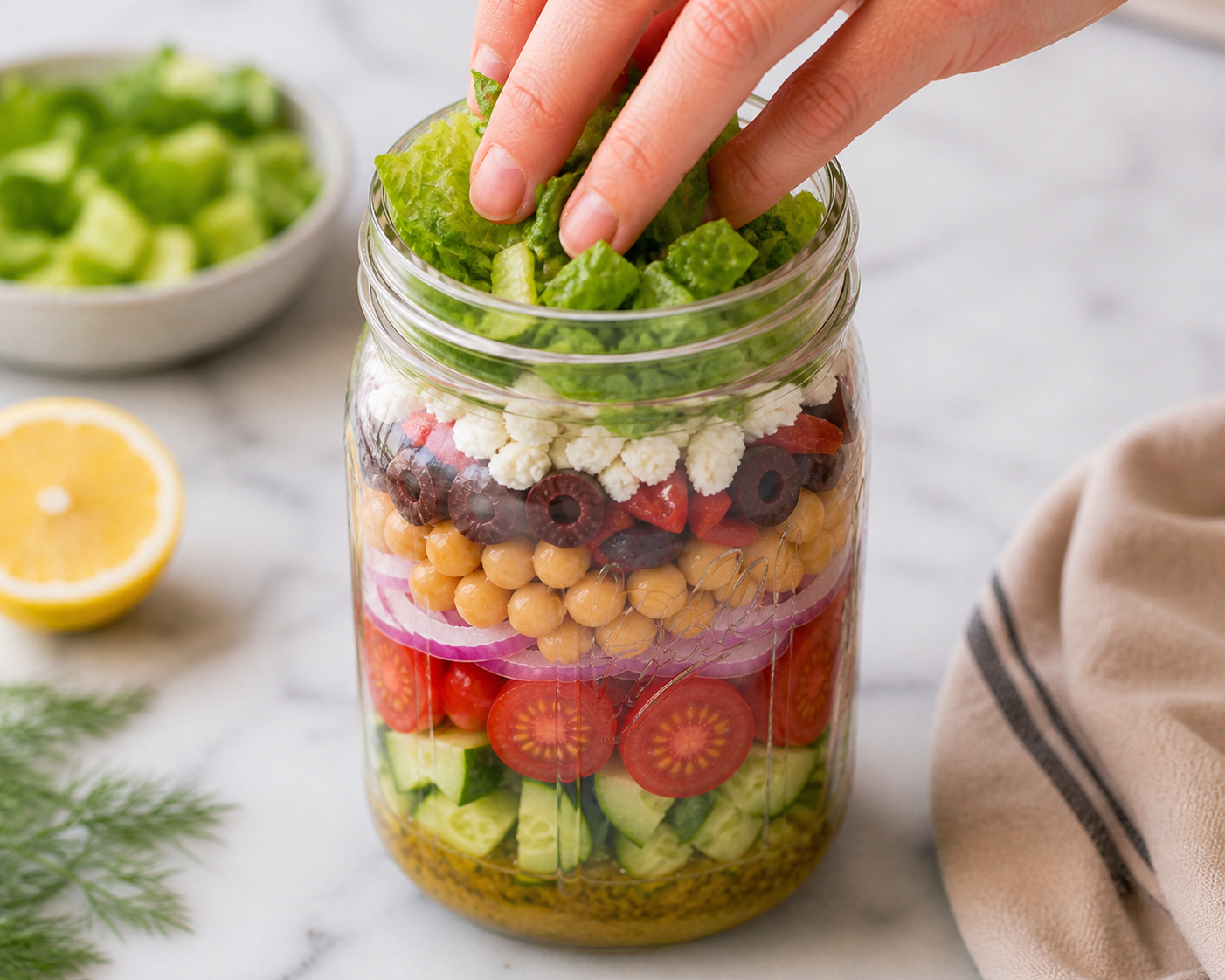 Chopped romaine packed gently into the top of the mason jar — the layer that must stay dry until eating