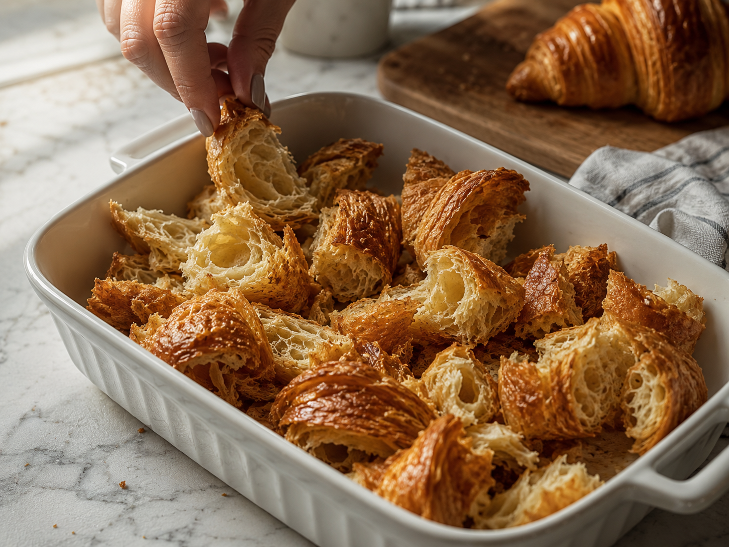 Torn croissant chunks spread evenly in the greased baking dish — light and airy layers