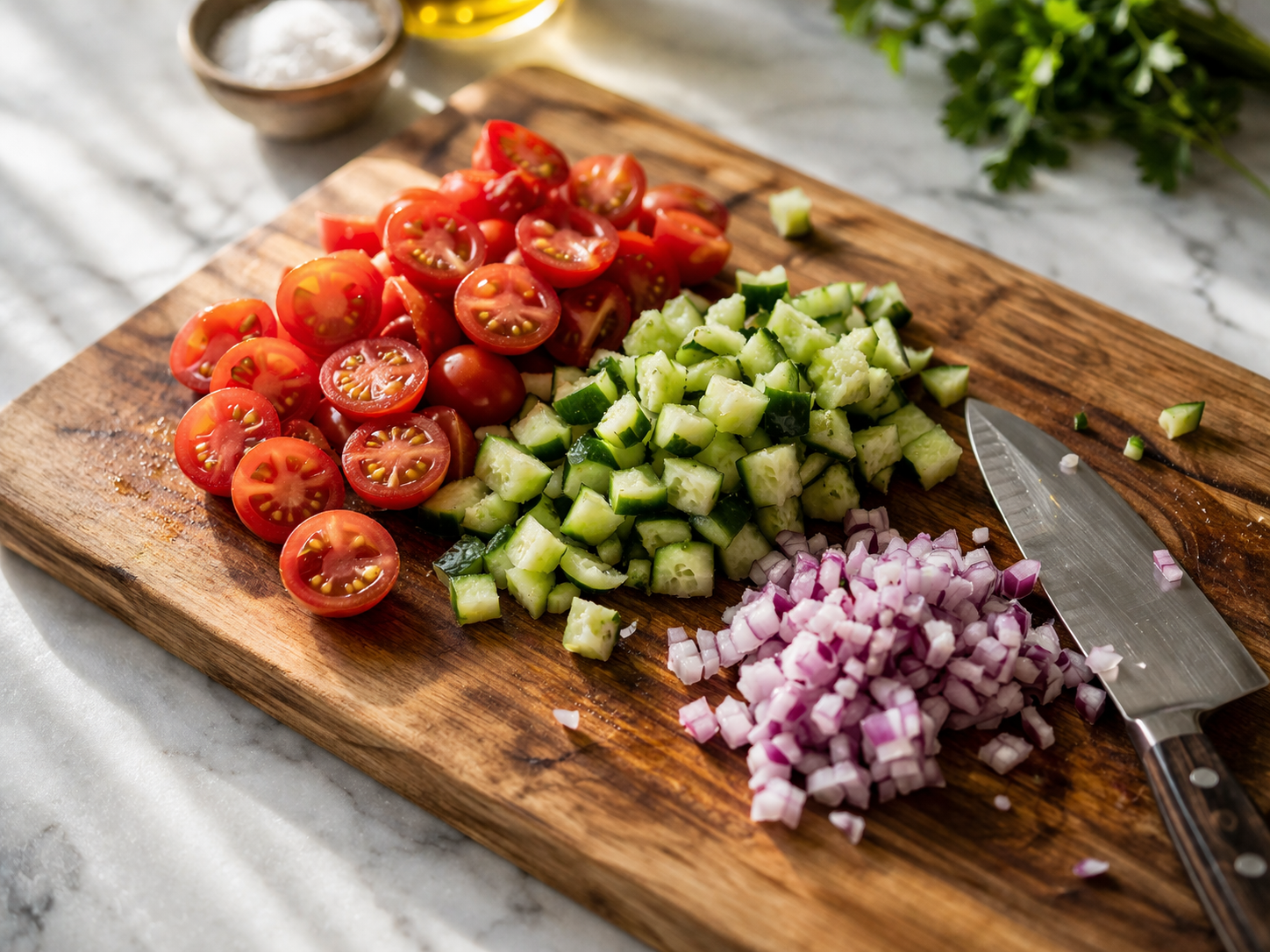 Cherry tomatoes halved, cucumber diced small and red onion finely chopped — all prepped and ready