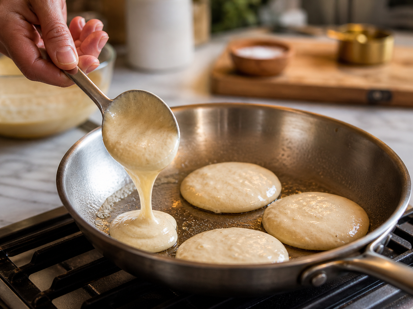 Small cottage cheese pancakes cooking on the skillet — edges setting and bubbles forming on the surface