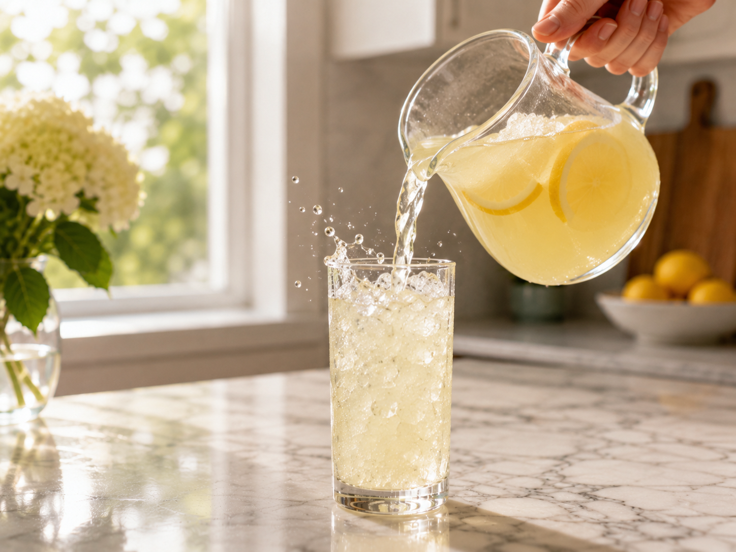 Lemonade poured over the ice as the base layer of the mocktail