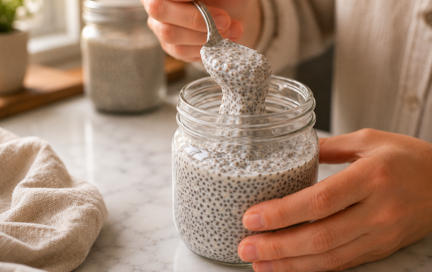 Checking the chia pudding consistency in the morning &mdash; thick, creamy and set perfectly