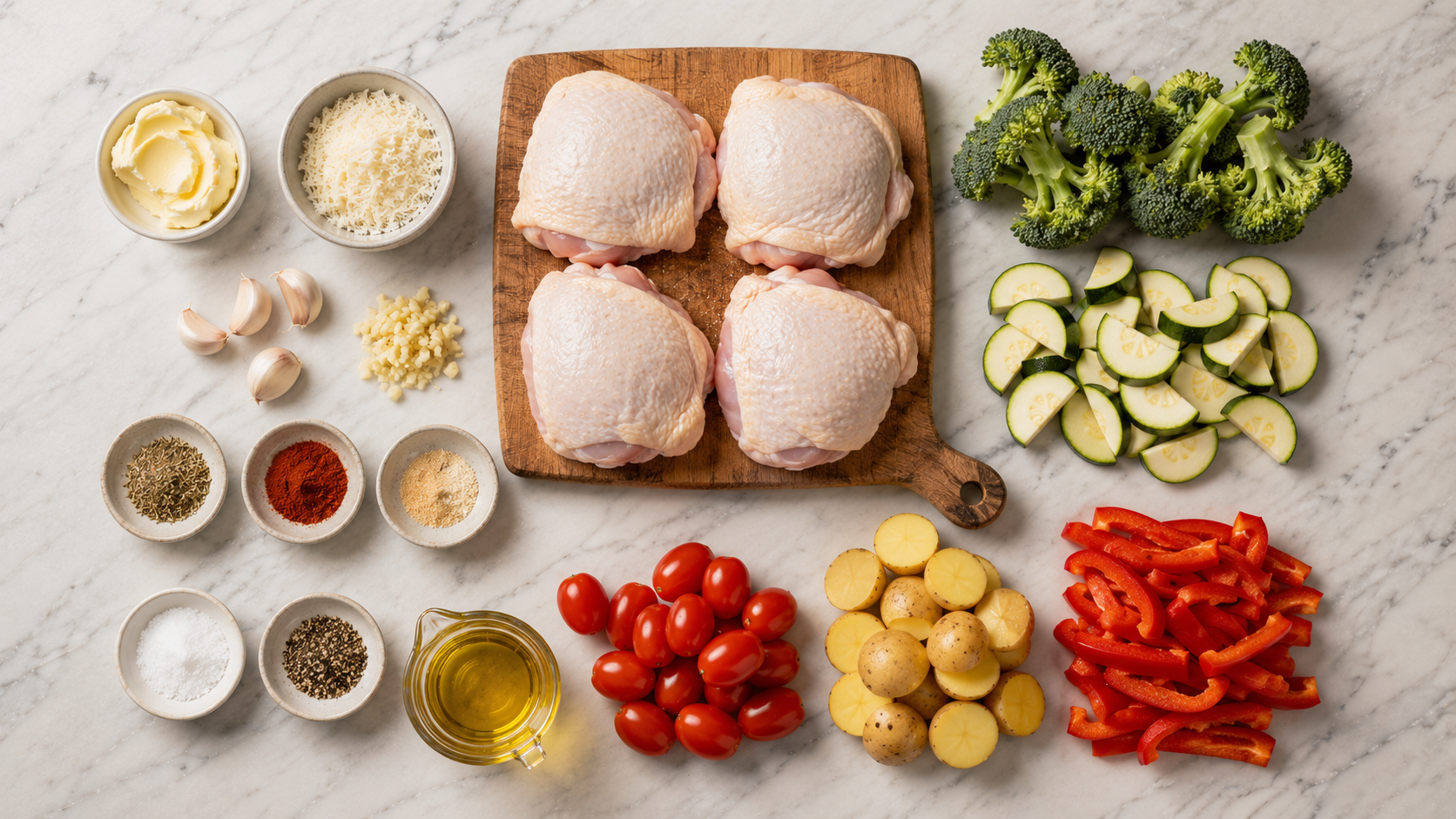 All sheet pan chicken ingredients laid out — chicken thighs, butter, garlic, parmesan, broccoli, zucchini, cherry tomatoes and potatoes