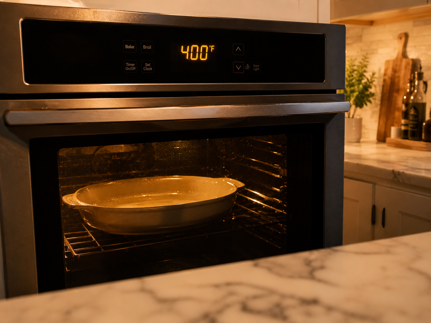 Oven preheating to 400°F — oven-safe skillet ready with a light drizzle of oil