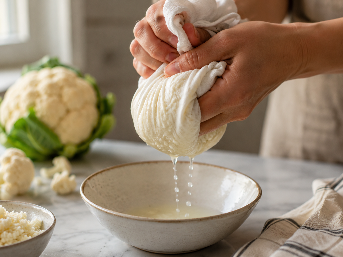Riced cauliflower being squeezed in a kitchen towel to remove excess moisture