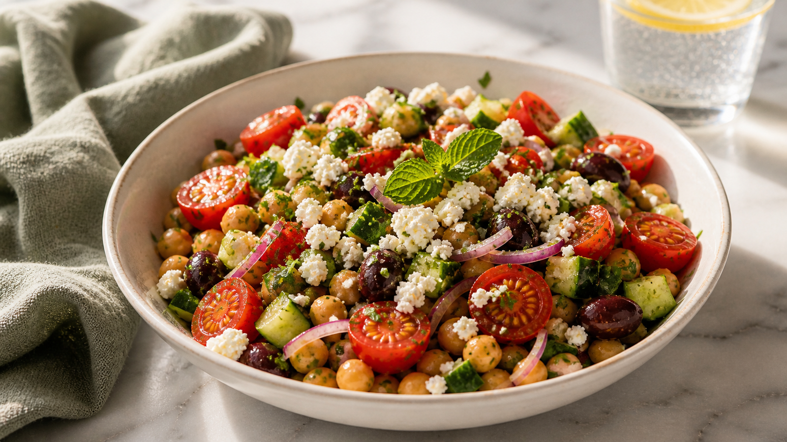 Finished Mediterranean chickpea salad resting before serving — colorful, glossy and fragrant