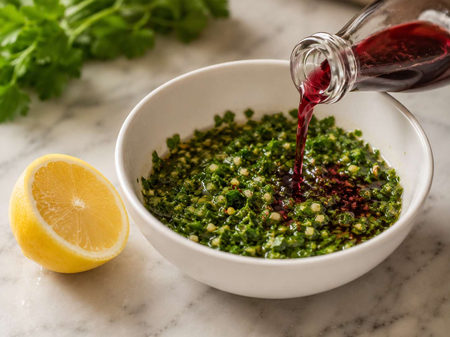 Red wine vinegar and lemon juice poured into the herb mixture — stirred and resting briefly