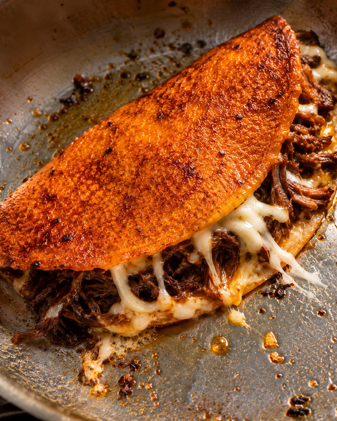 Quesabirria taco folded in a hot skillet &mdash; crispy and golden red with melted cheese