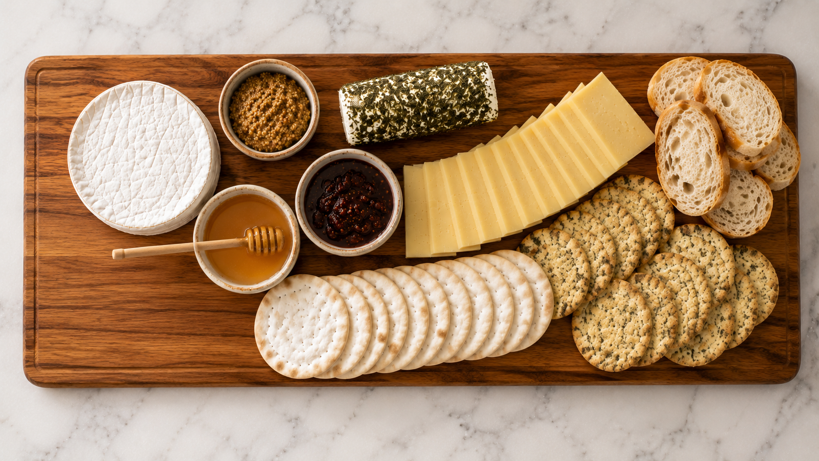 Water crackers and rosemary crackers fanned out in clusters between the cheese anchors