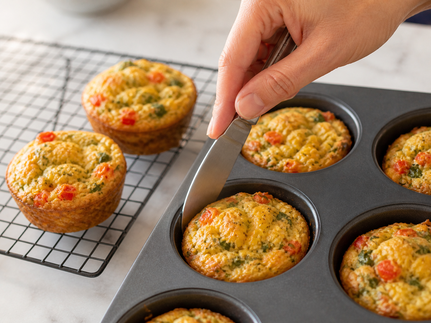 Finished egg muffins resting in the pan for 5 minutes before being lifted out cleanly with a butter knife