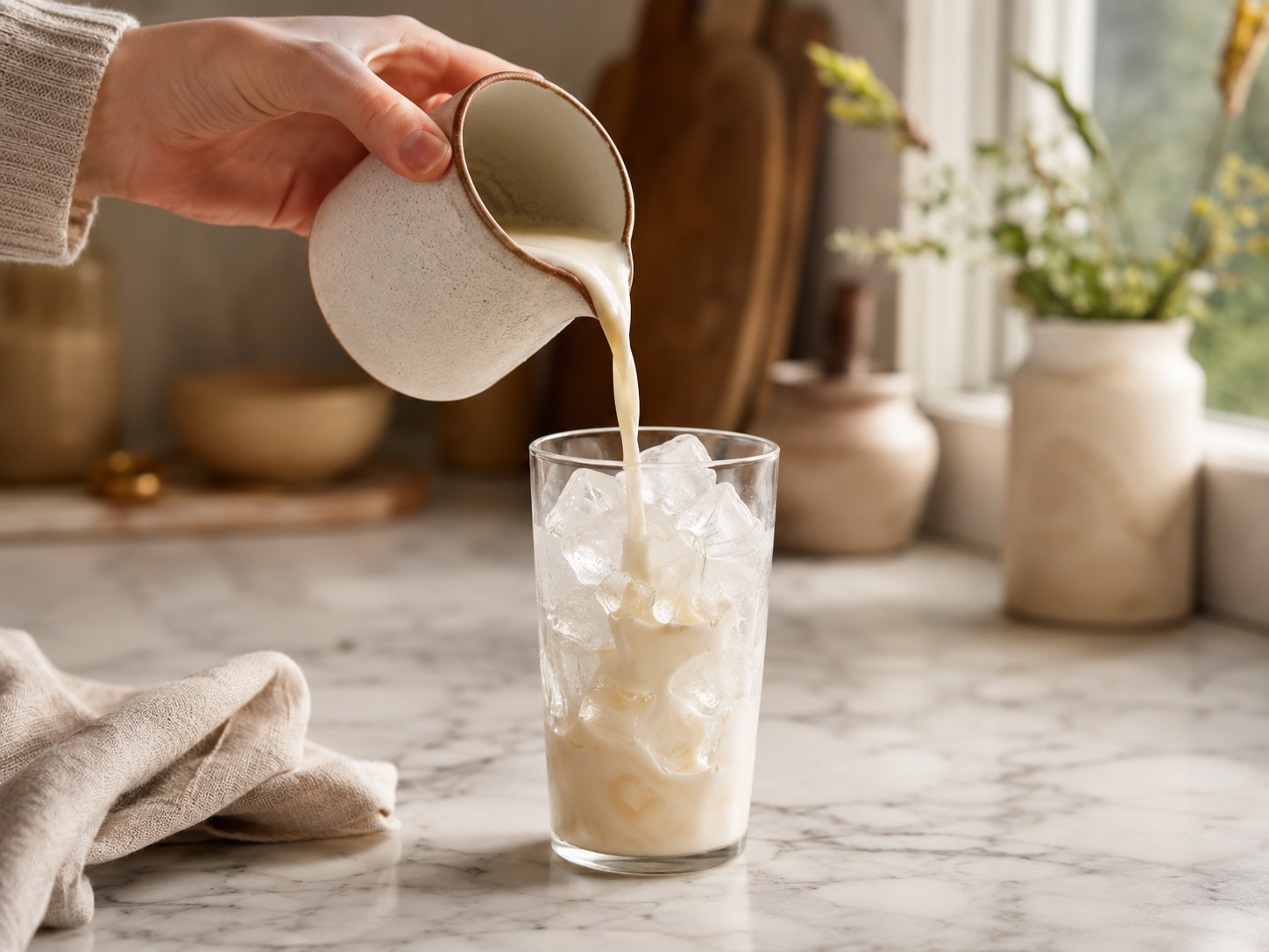 Pouring creamy oat milk over the ice-filled glass