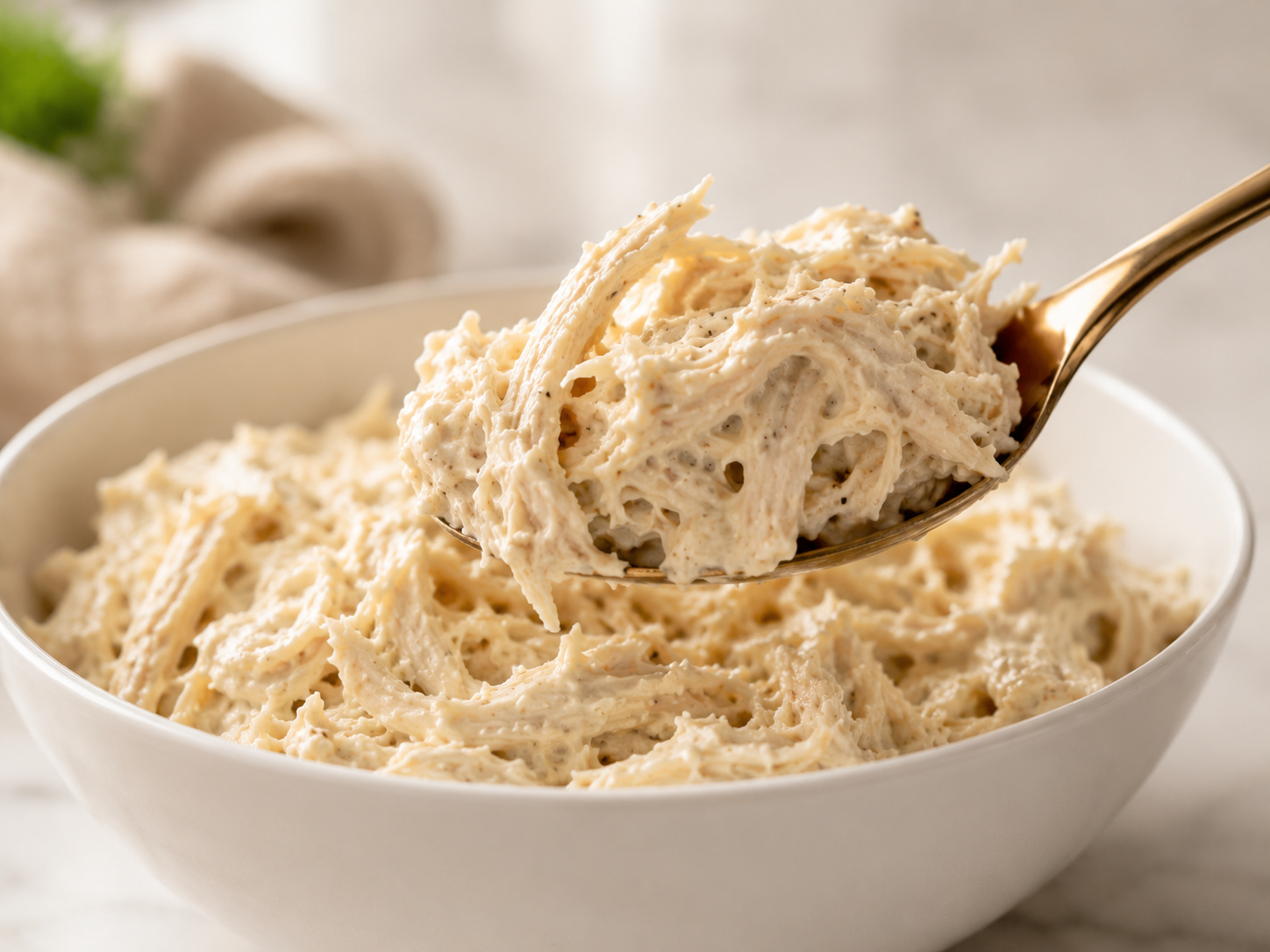 Chicken salad mixture being tasted and adjusted for seasoning