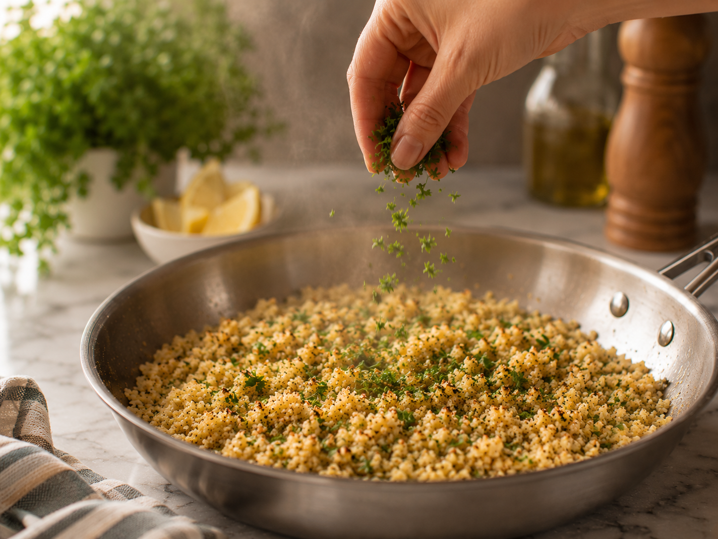 Cauliflower rice seasoned and finished with fresh parsley — tender and lightly golden throughout