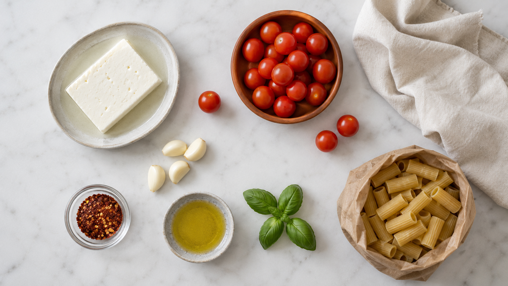 All baked feta pasta ingredients laid out: block feta, cherry tomatoes, garlic, olive oil, pasta and fresh basil