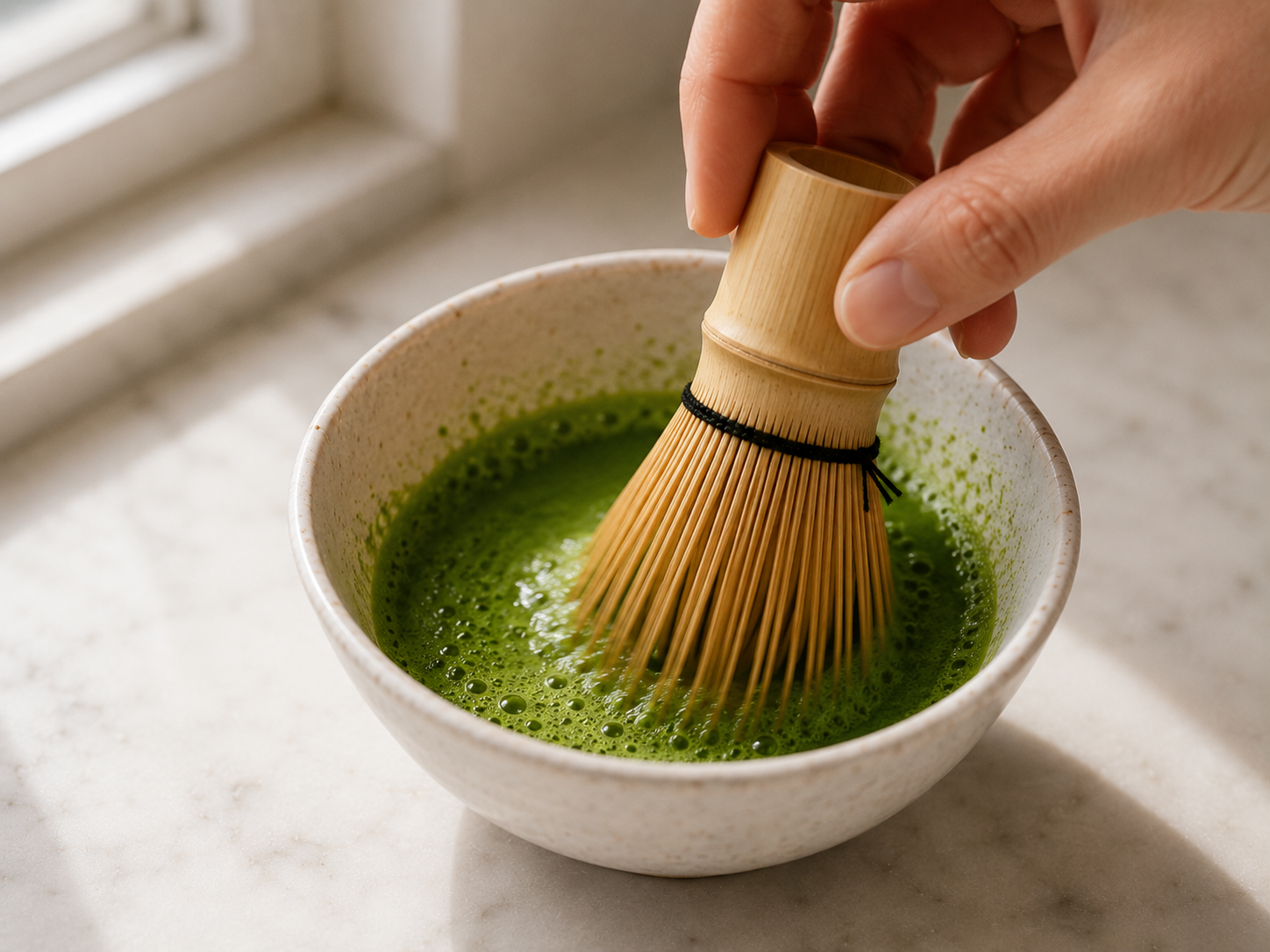 Whisking matcha with a chasen in a W motion until frothy and fully dissolved