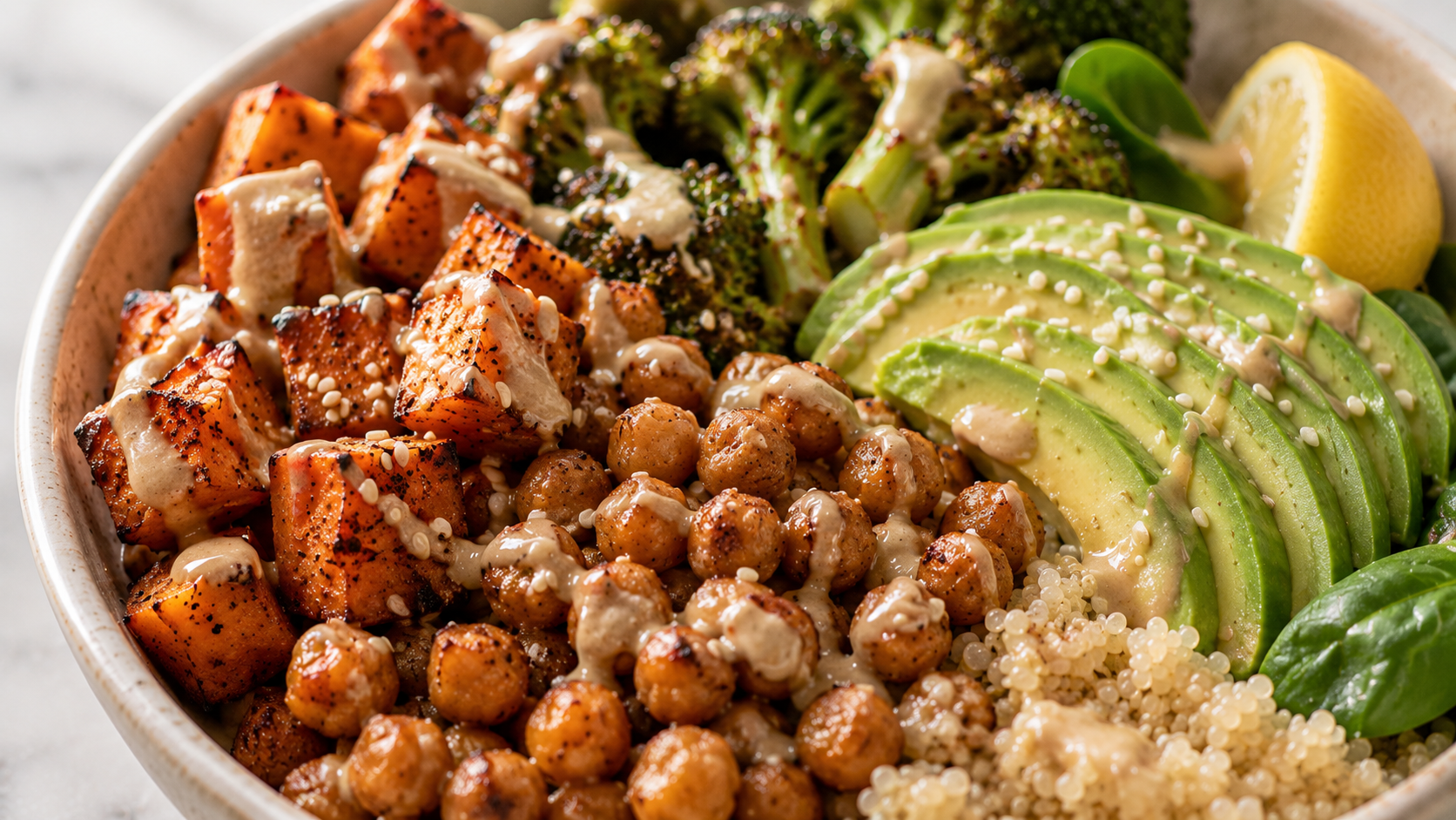 Vegan buddha bowl overhead — fully assembled with tahini drizzle and fresh toppings