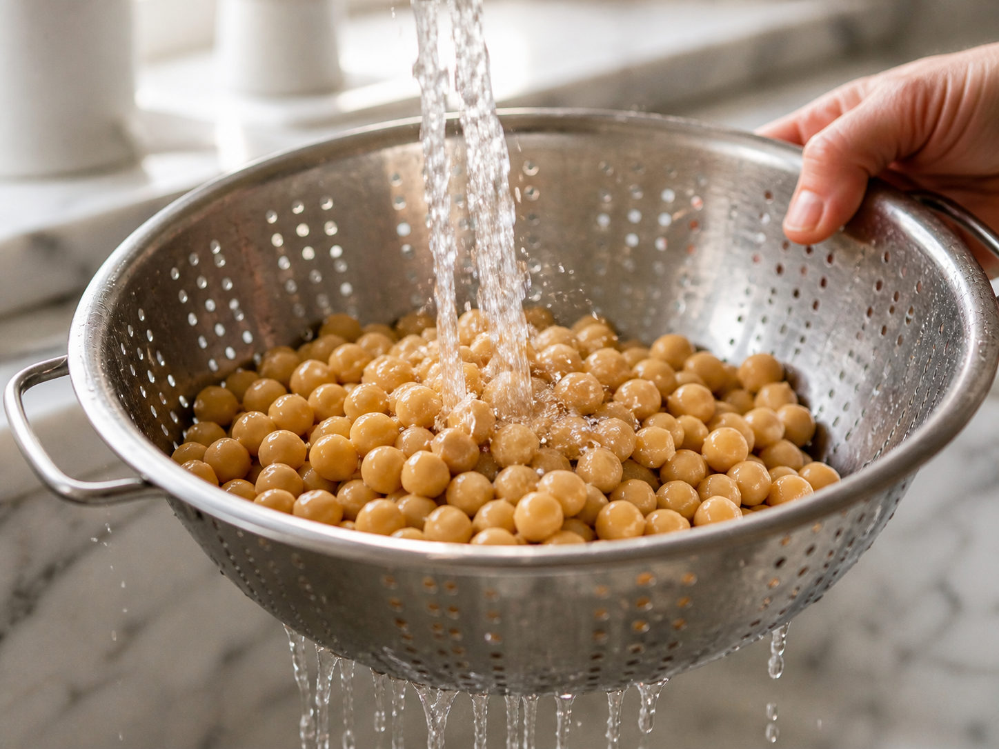 Chickpeas draining and rinsing in a colander under cold water — clean and ready for the salad