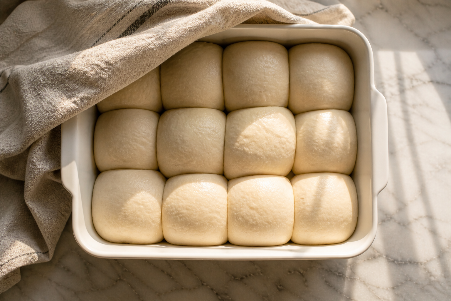 Dough balls arranged in a greased baking pan — puffed up and touching after the second rise