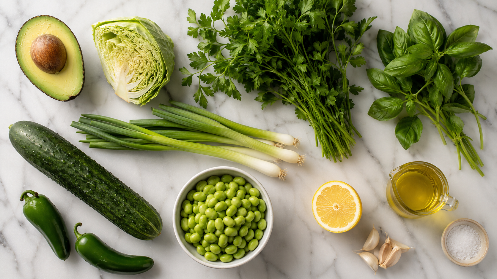 All Green Goddess Salad ingredients laid out — cabbage, cucumber, herbs, avocado, lemon and edamame