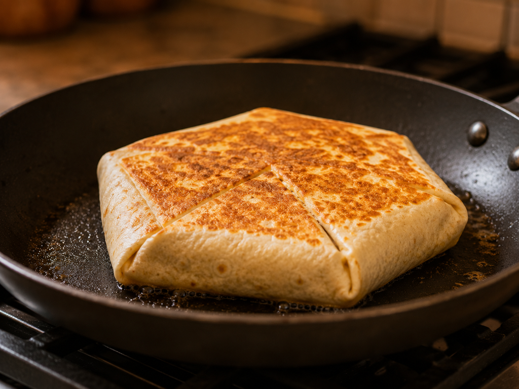 Crunchwrap toasting seam-side down in a skillet — golden brown and pressed with a spatula