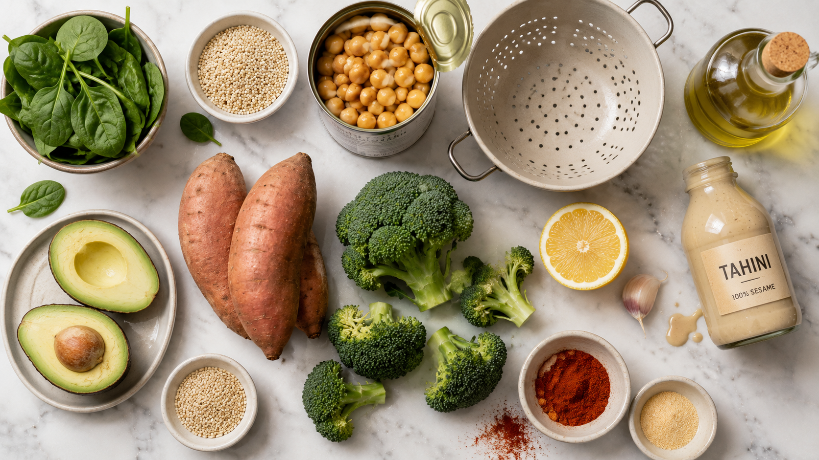 All buddha bowl ingredients laid out: quinoa, chickpeas, sweet potatoes, broccoli, tahini and fresh toppings