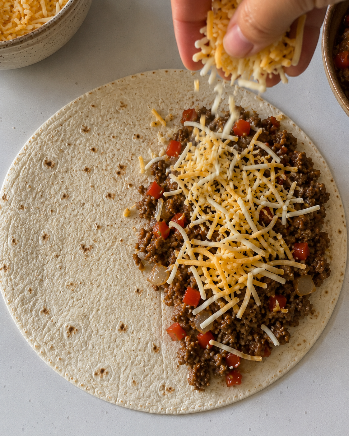 Second layer of cheese added on top of beef filling before folding the tortilla closed